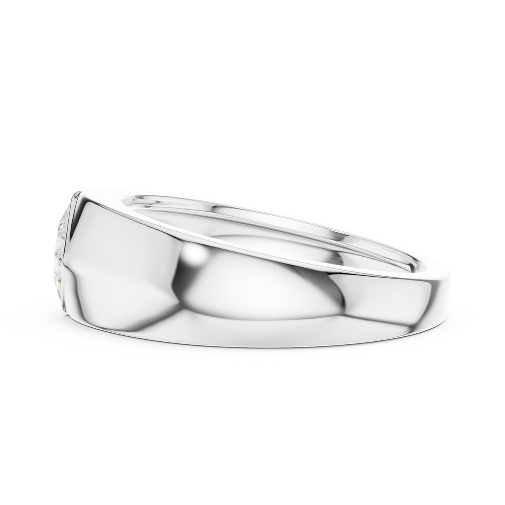 Men's wide polished silver dome ring with diagonal tilted princess-cut solitaire diamond center