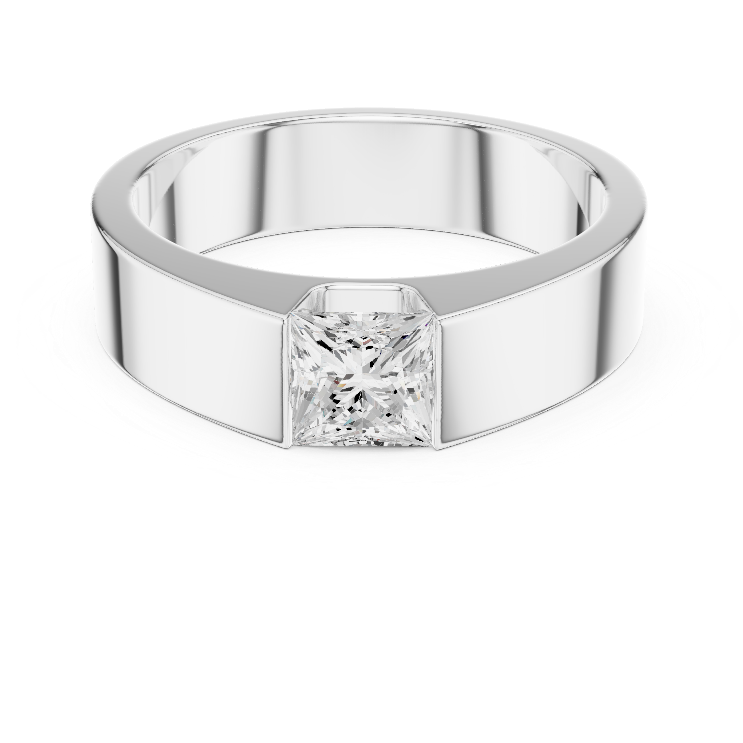 Men's minimalist wide silver band ring with flush-set princess-cut solitaire diamond center