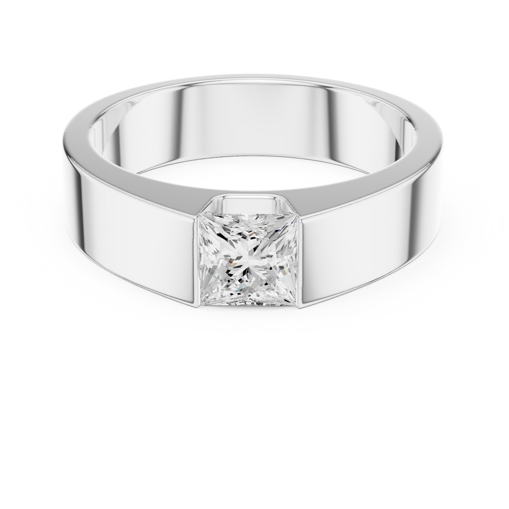 Men's minimalist wide silver band ring with flush-set princess-cut solitaire diamond center