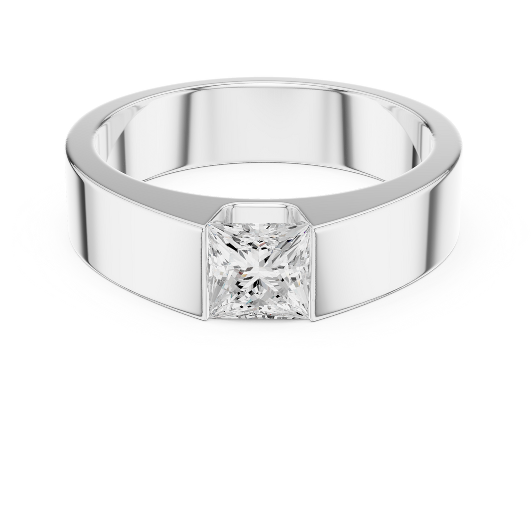 Men's minimalist wide silver band ring with flush-set princess-cut solitaire diamond center