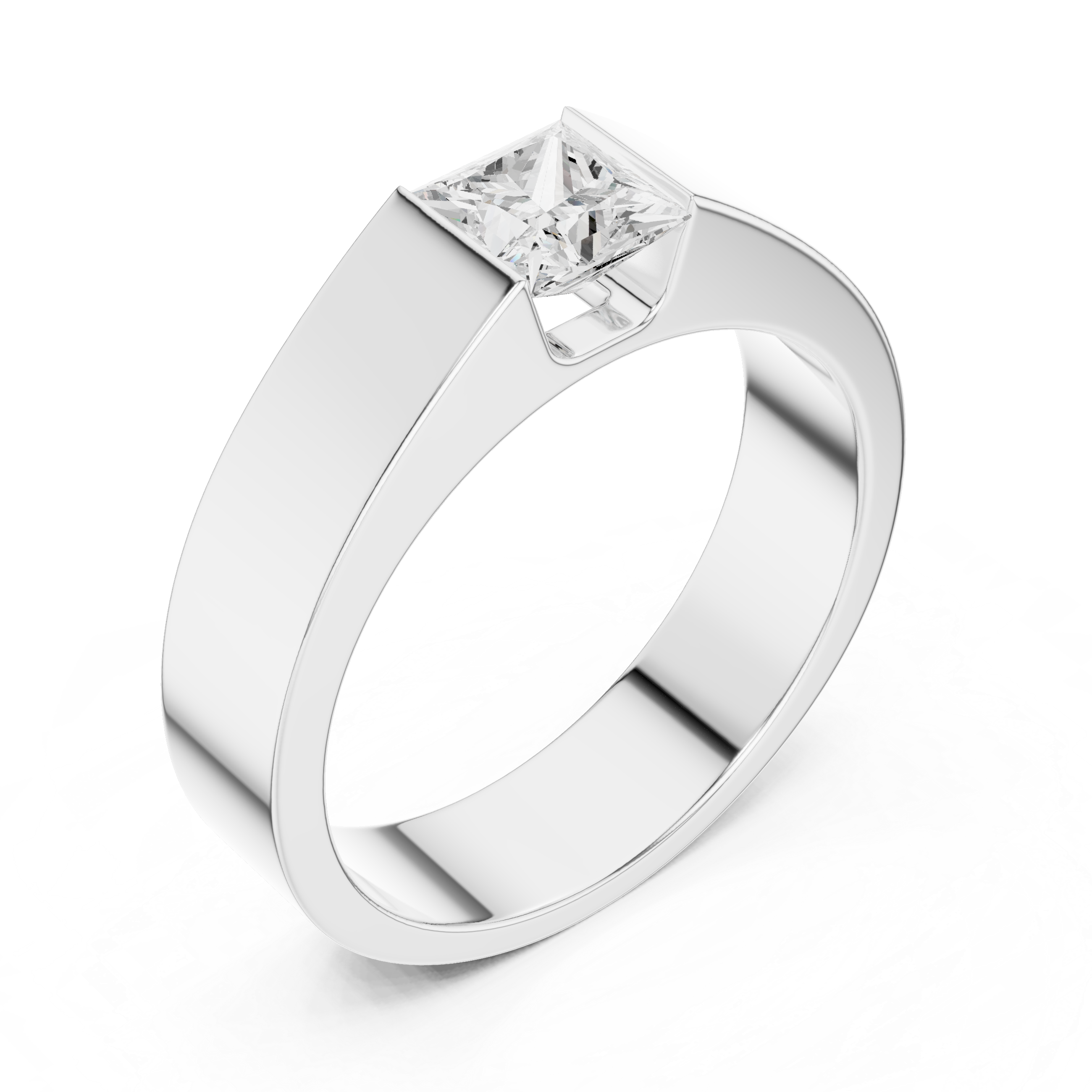 Men's minimalist wide silver band ring with flush-set princess-cut solitaire diamond center