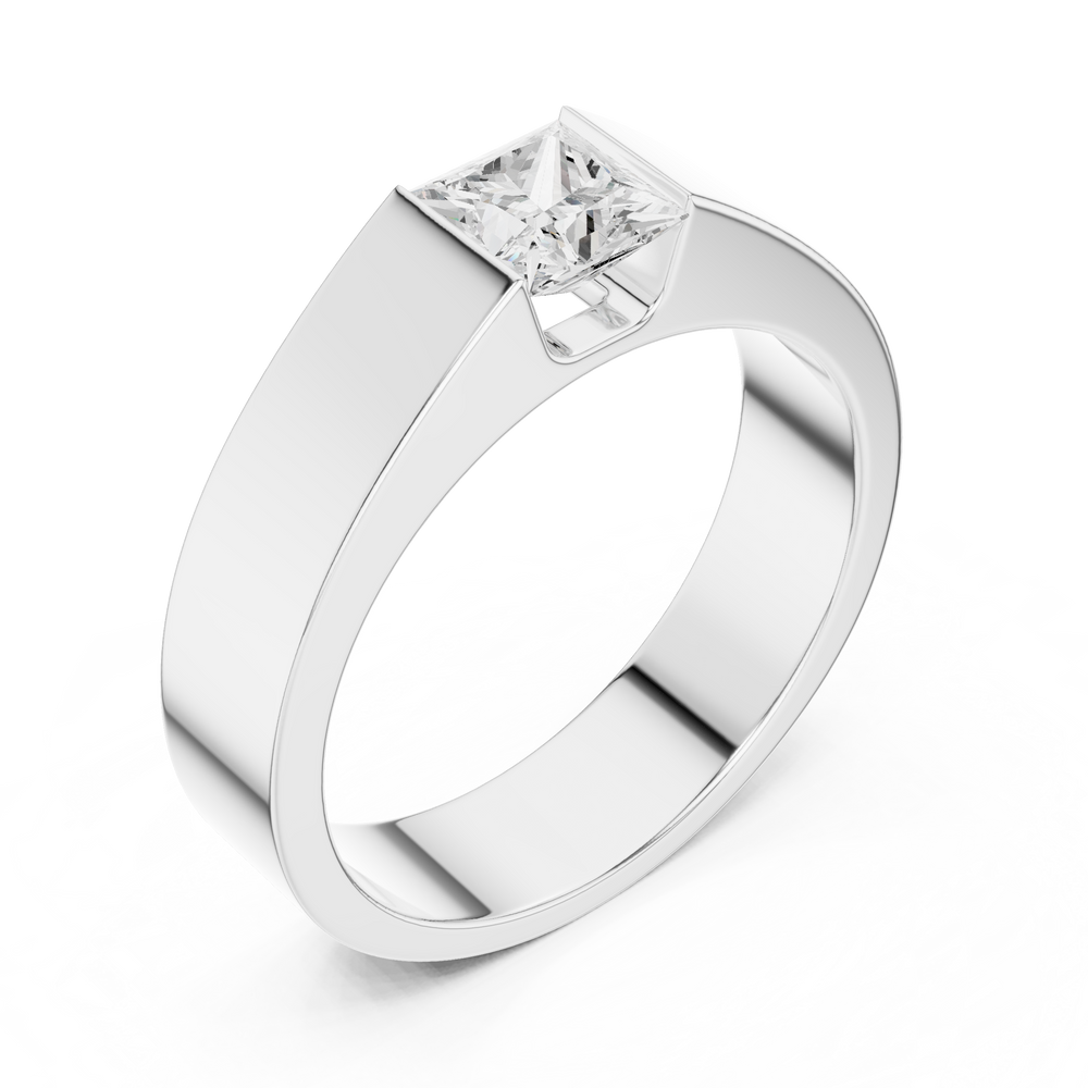 Men's minimalist wide silver band ring with flush-set princess-cut solitaire diamond center