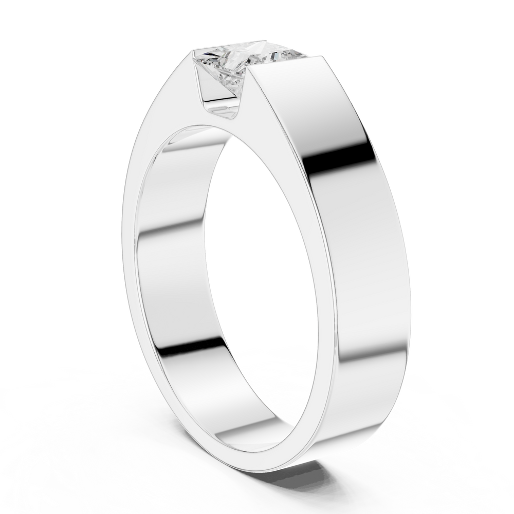 Men's minimalist wide silver band ring with flush-set princess-cut solitaire diamond center