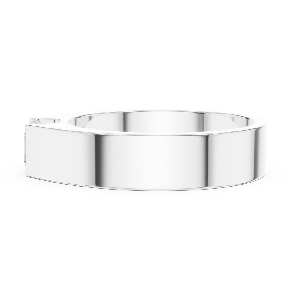 Men's minimalist wide silver band ring with flush-set princess-cut solitaire diamond center