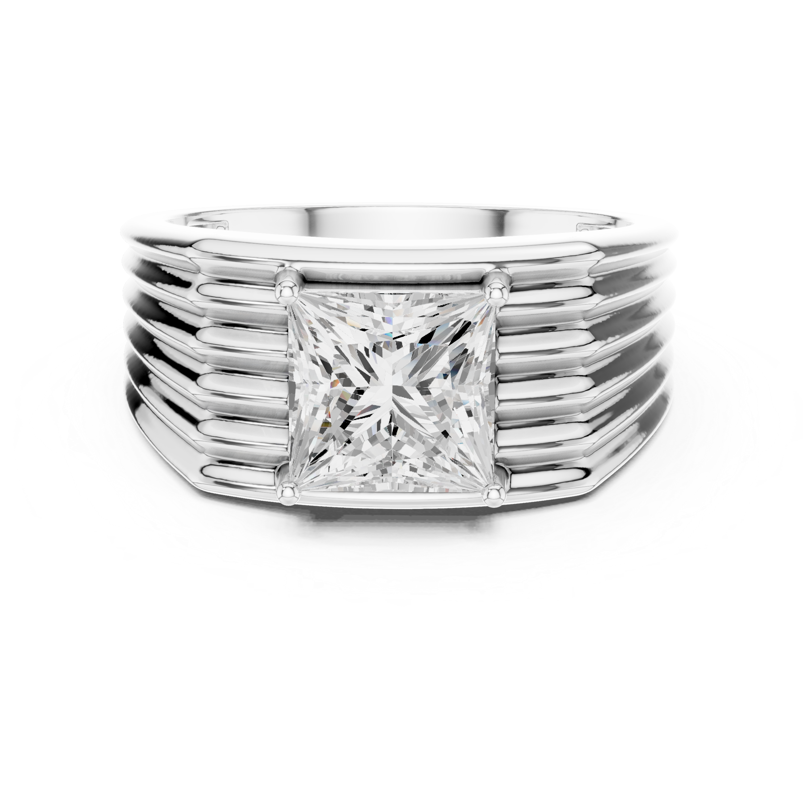 Men's bold silver ring with large princess-cut solitaire diamond and multi-ridge layered band