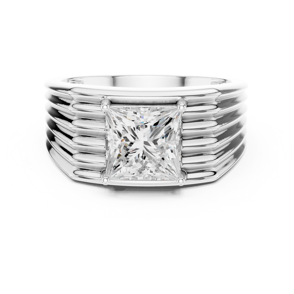 Men's bold silver ring with large princess-cut solitaire diamond and multi-ridge layered band