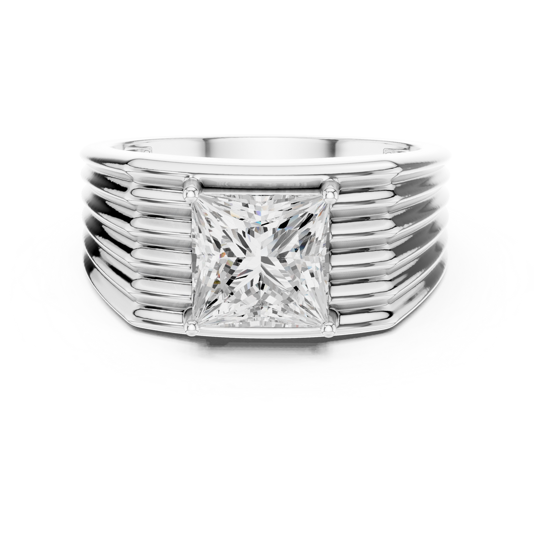 Men's bold silver ring with large princess-cut solitaire diamond and multi-ridge layered band