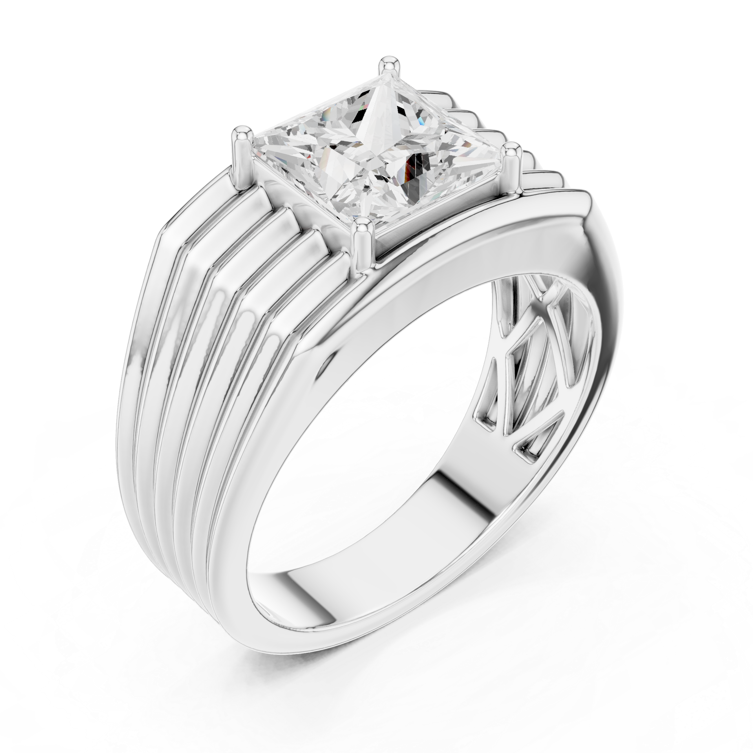Men's bold silver ring with large princess-cut solitaire diamond and multi-ridge layered band