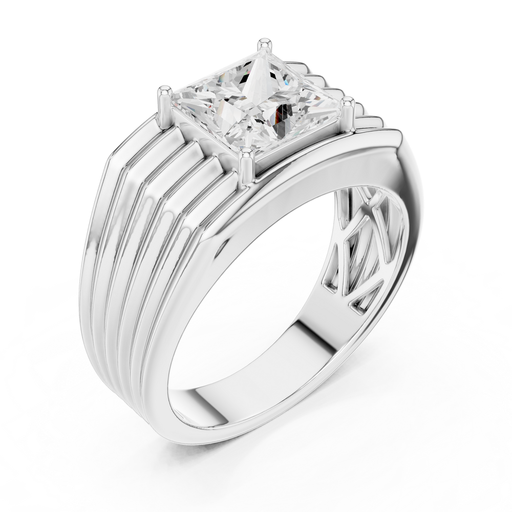 Men's bold silver ring with large princess-cut solitaire diamond and multi-ridge layered band