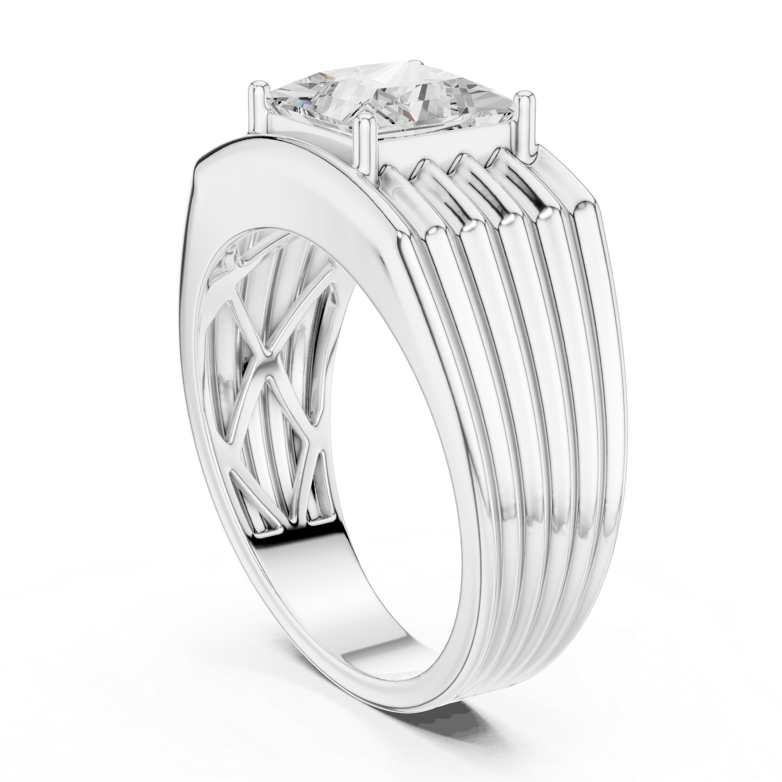 Men's bold silver ring with large princess-cut solitaire diamond and multi-ridge layered band