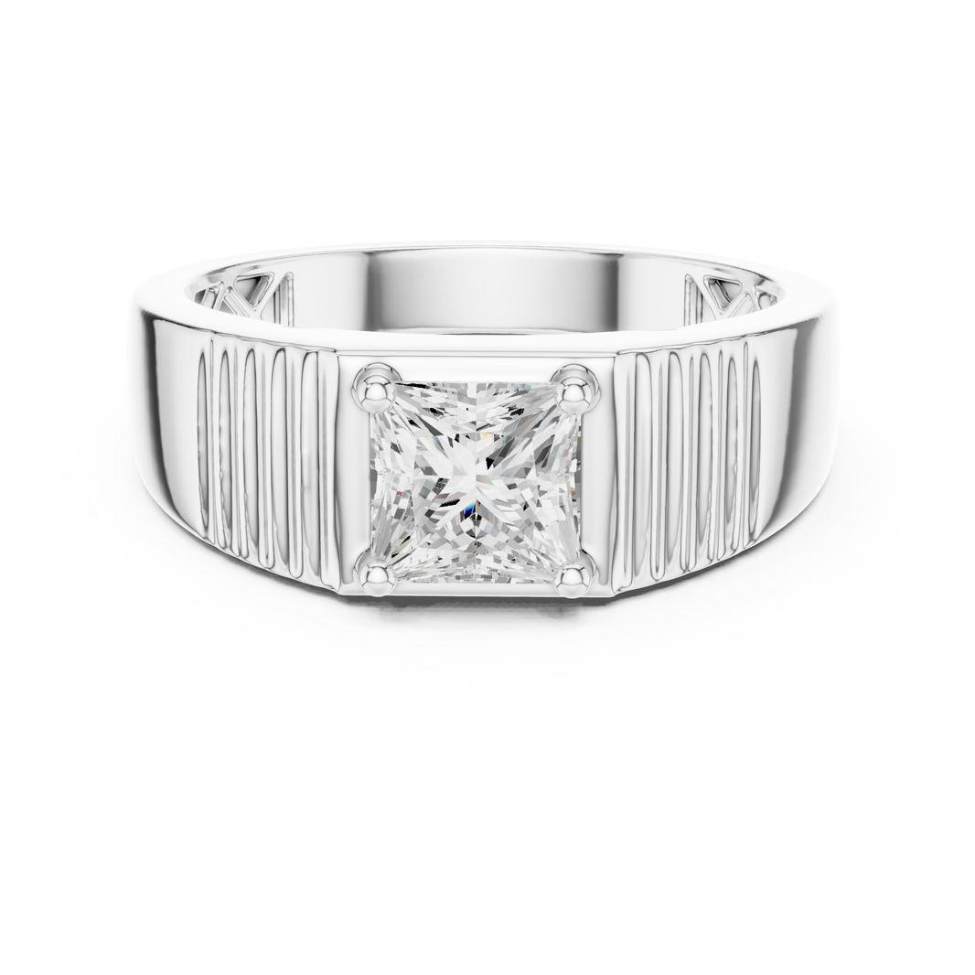 Men's silver ring with princess-cut solitaire diamond and ribbed grooved band detailing