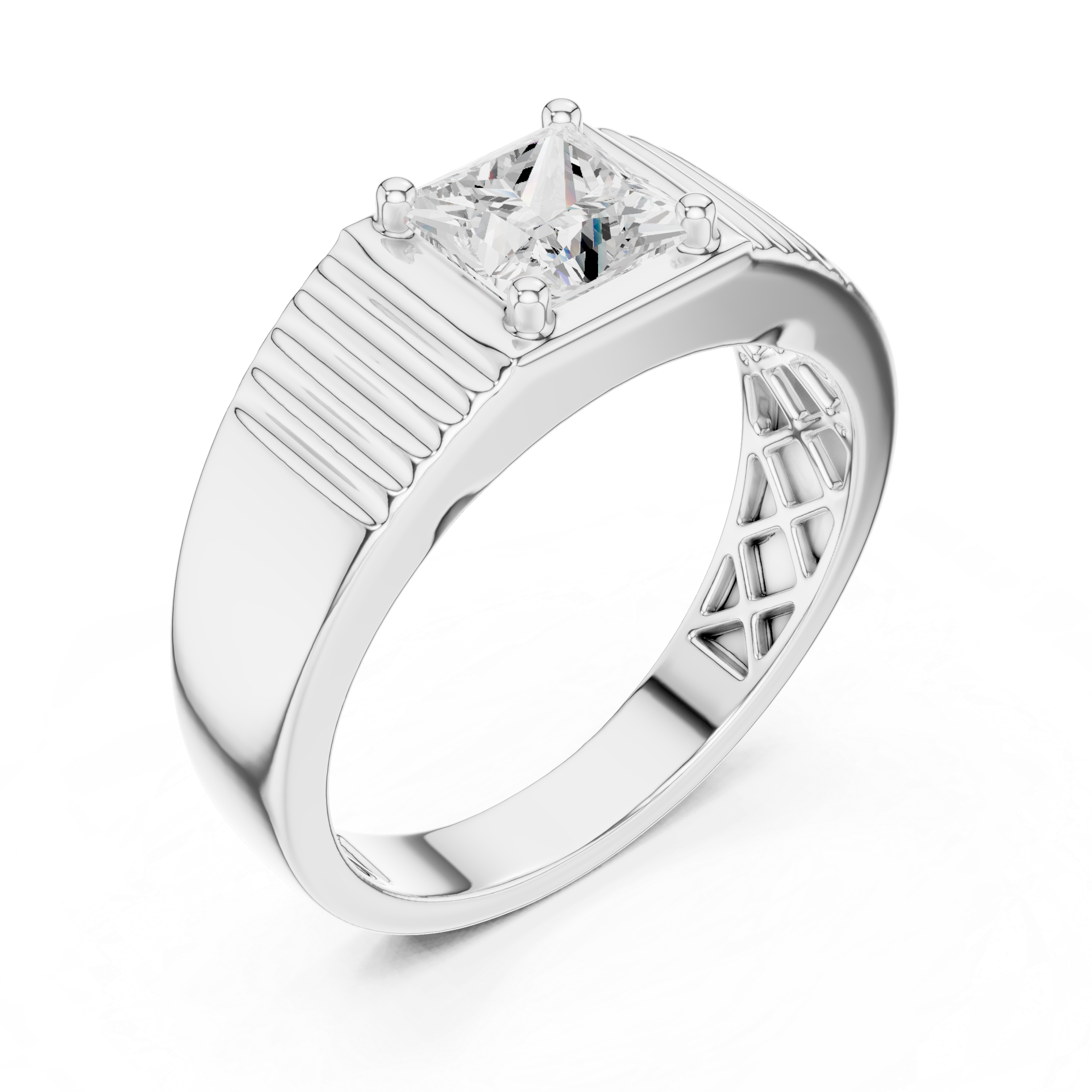 Men's silver ring with princess-cut solitaire diamond and ribbed grooved band detailing