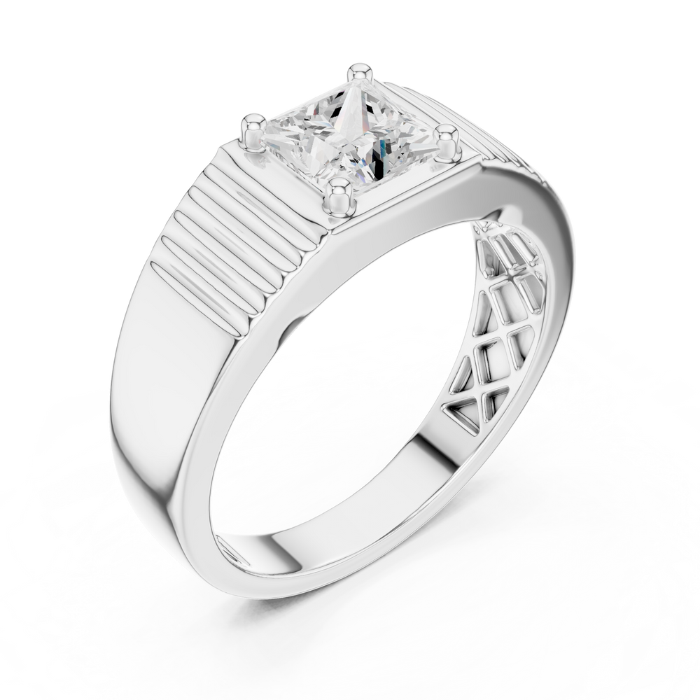 Men's silver ring with princess-cut solitaire diamond and ribbed grooved band detailing