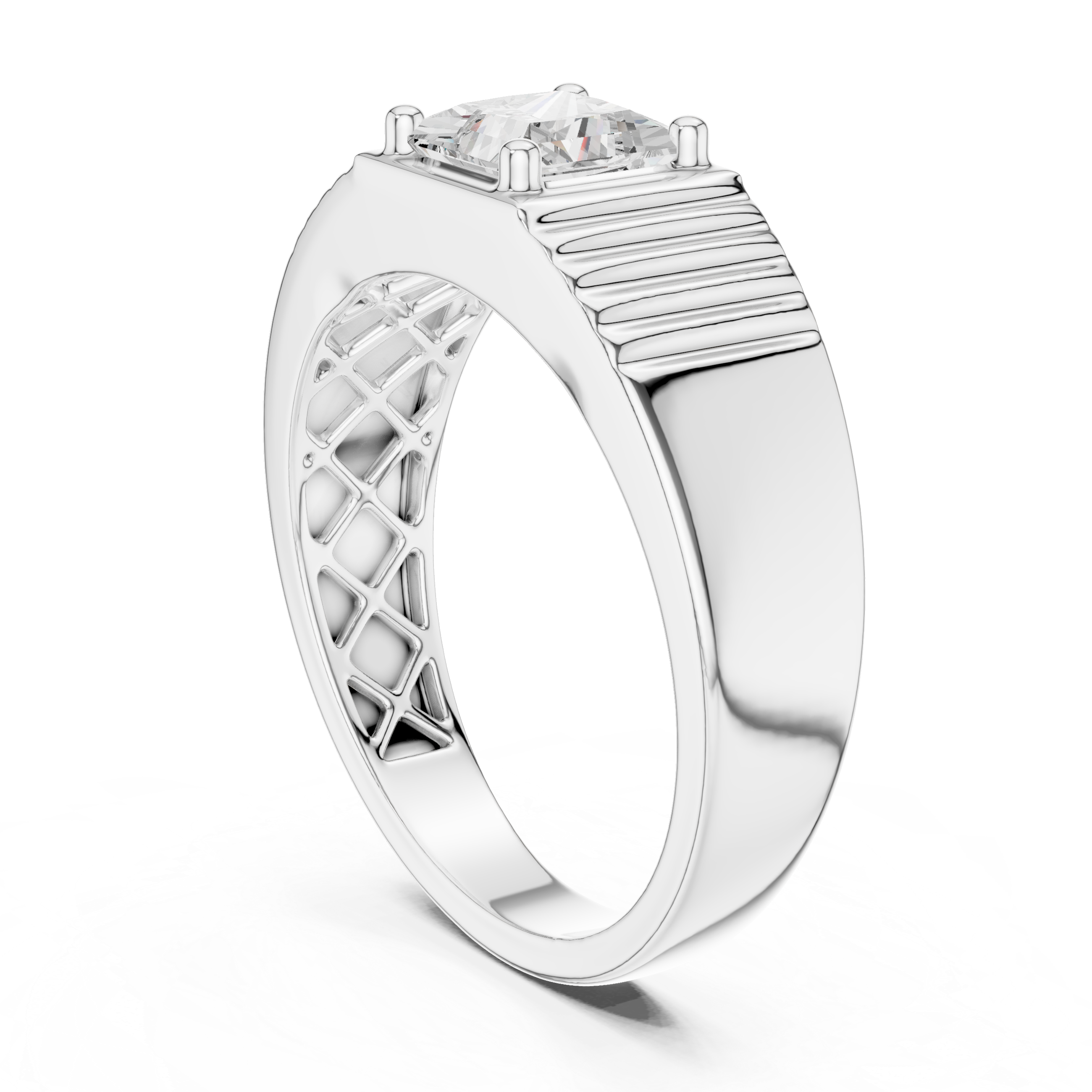 Men's silver ring with princess-cut solitaire diamond and ribbed grooved band detailing