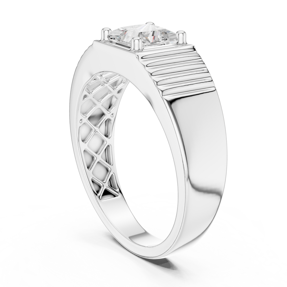 Men's silver ring with princess-cut solitaire diamond and ribbed grooved band detailing