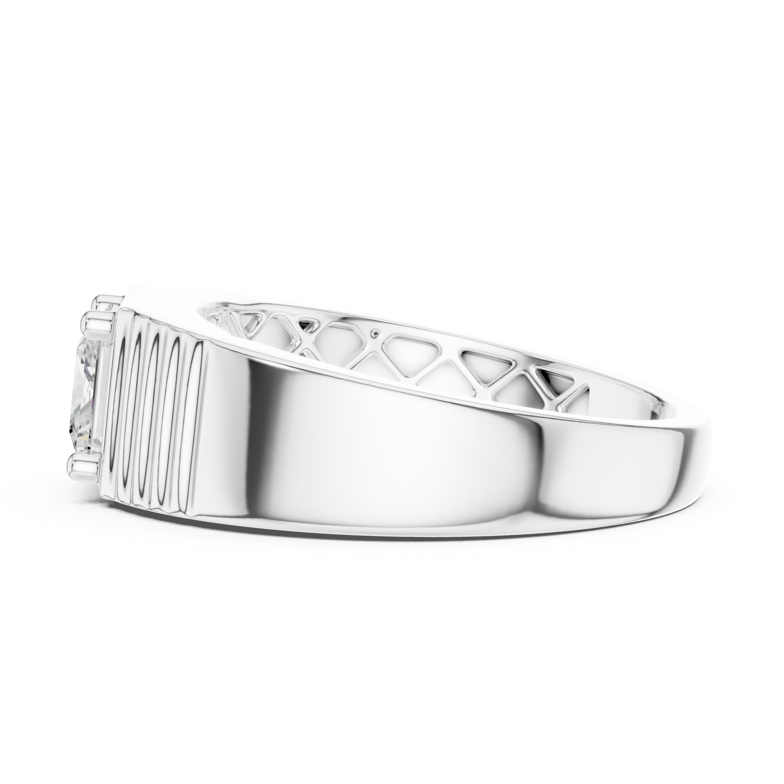 Men's silver ring with princess-cut solitaire diamond and ribbed grooved band detailing