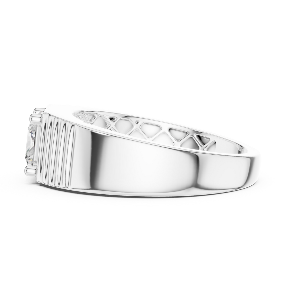Men's silver ring with princess-cut solitaire diamond and ribbed grooved band detailing