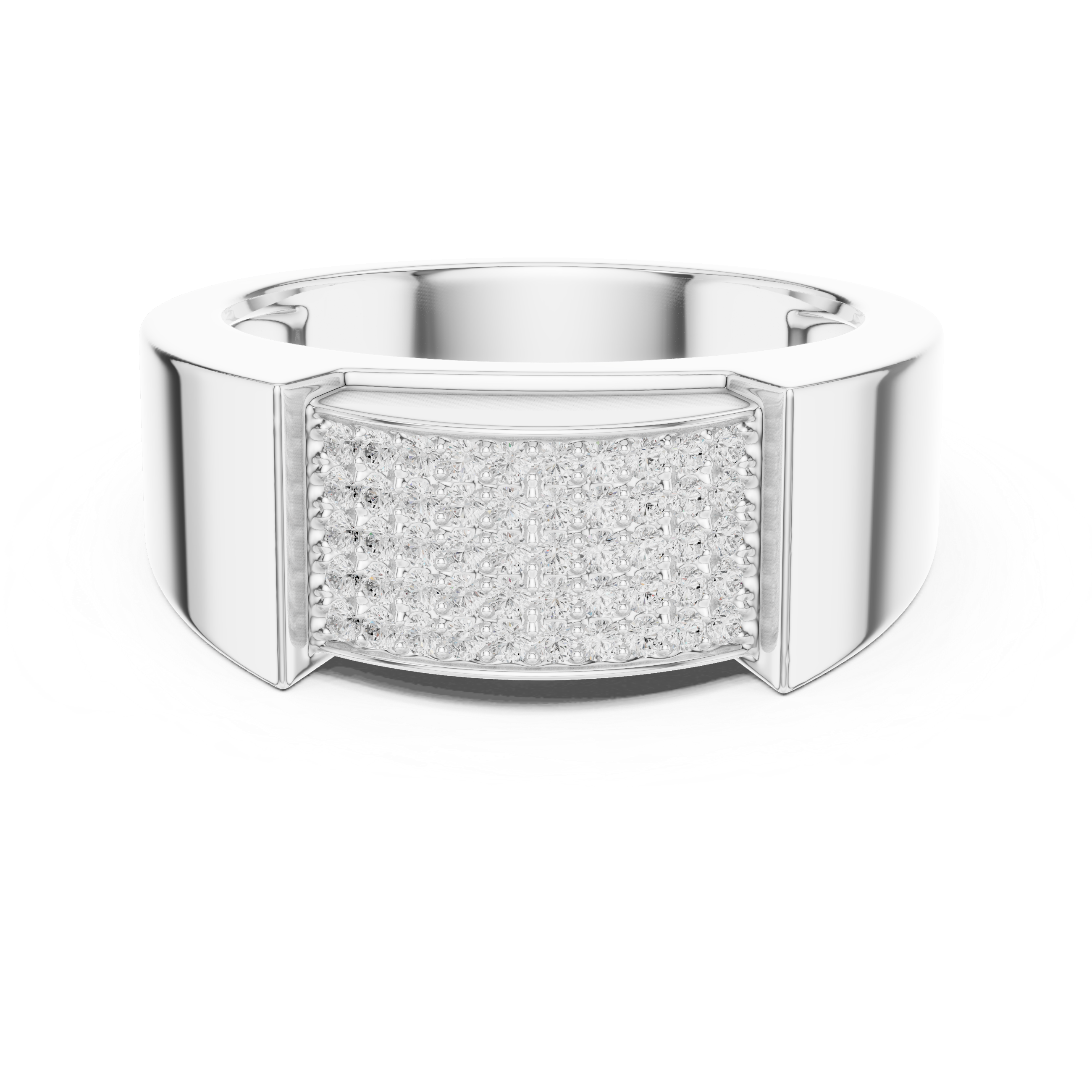 Men's silver signet ring with rectangular full pavé diamond panel and polished frame side accents
