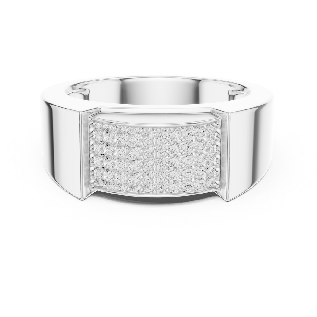 Men's silver signet ring with rectangular full pavé diamond panel and polished frame side accents
