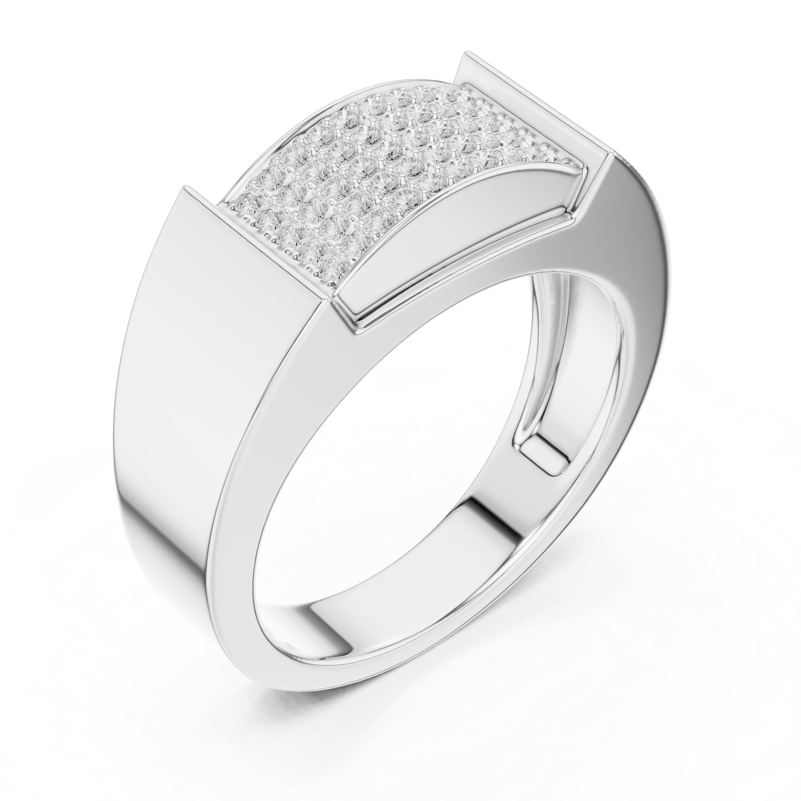 Men's silver signet ring with rectangular full pavé diamond panel and polished frame side accents