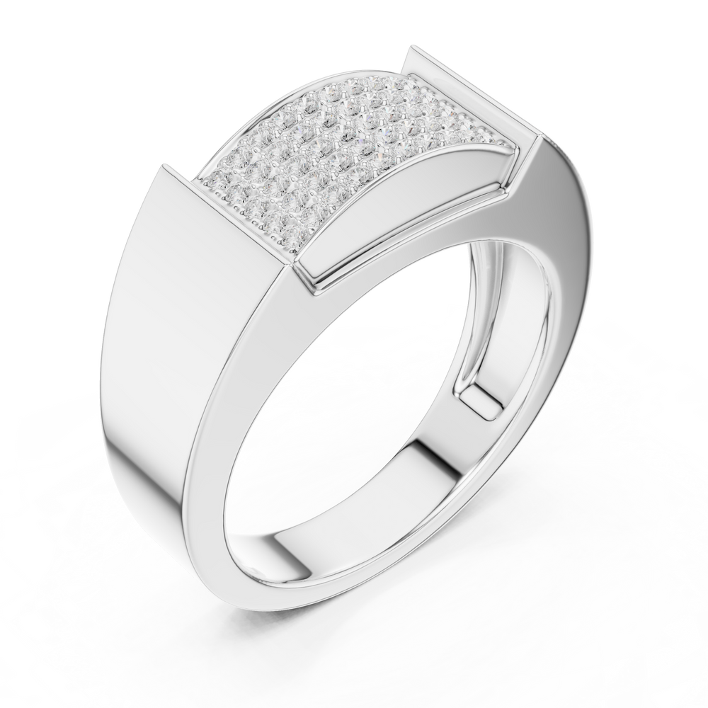 Men's silver signet ring with rectangular full pavé diamond panel and polished frame side accents
