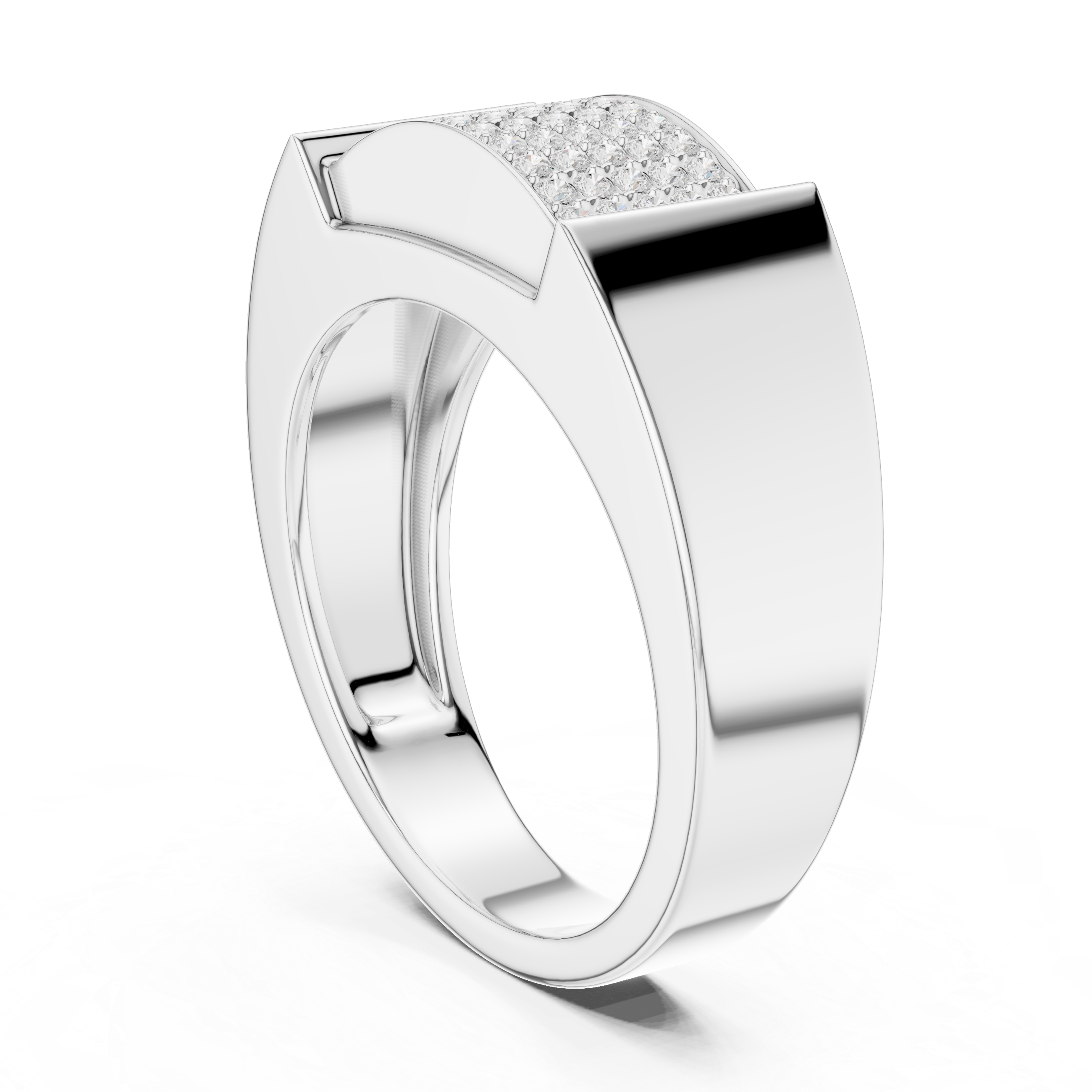 Men's silver signet ring with rectangular full pavé diamond panel and polished frame side accents