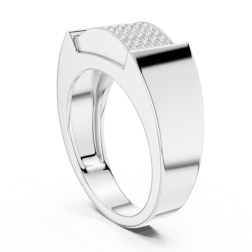 Men's silver signet ring with rectangular full pavé diamond panel and polished frame side accents