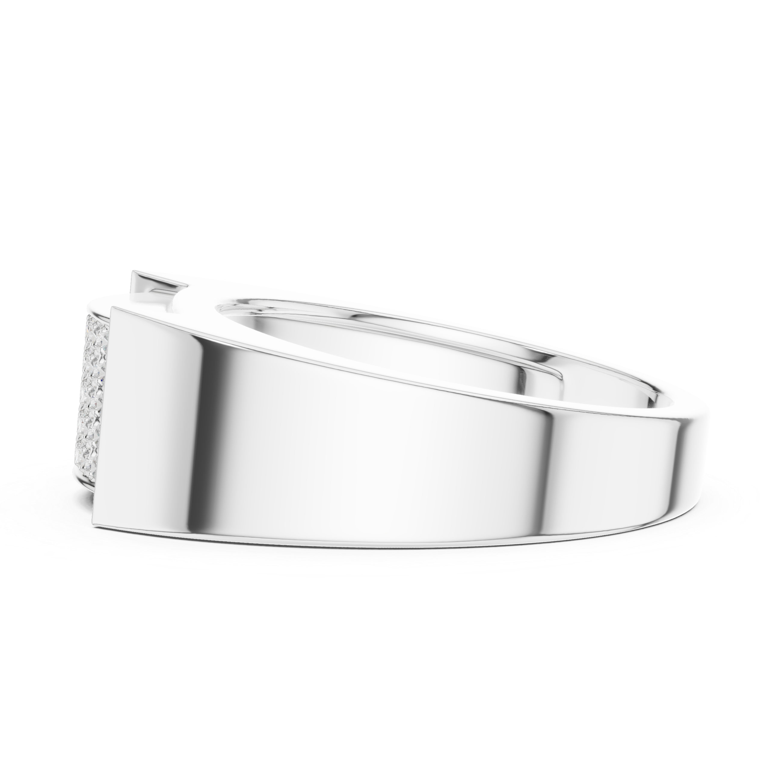 Men's silver signet ring with rectangular full pavé diamond panel and polished frame side accents