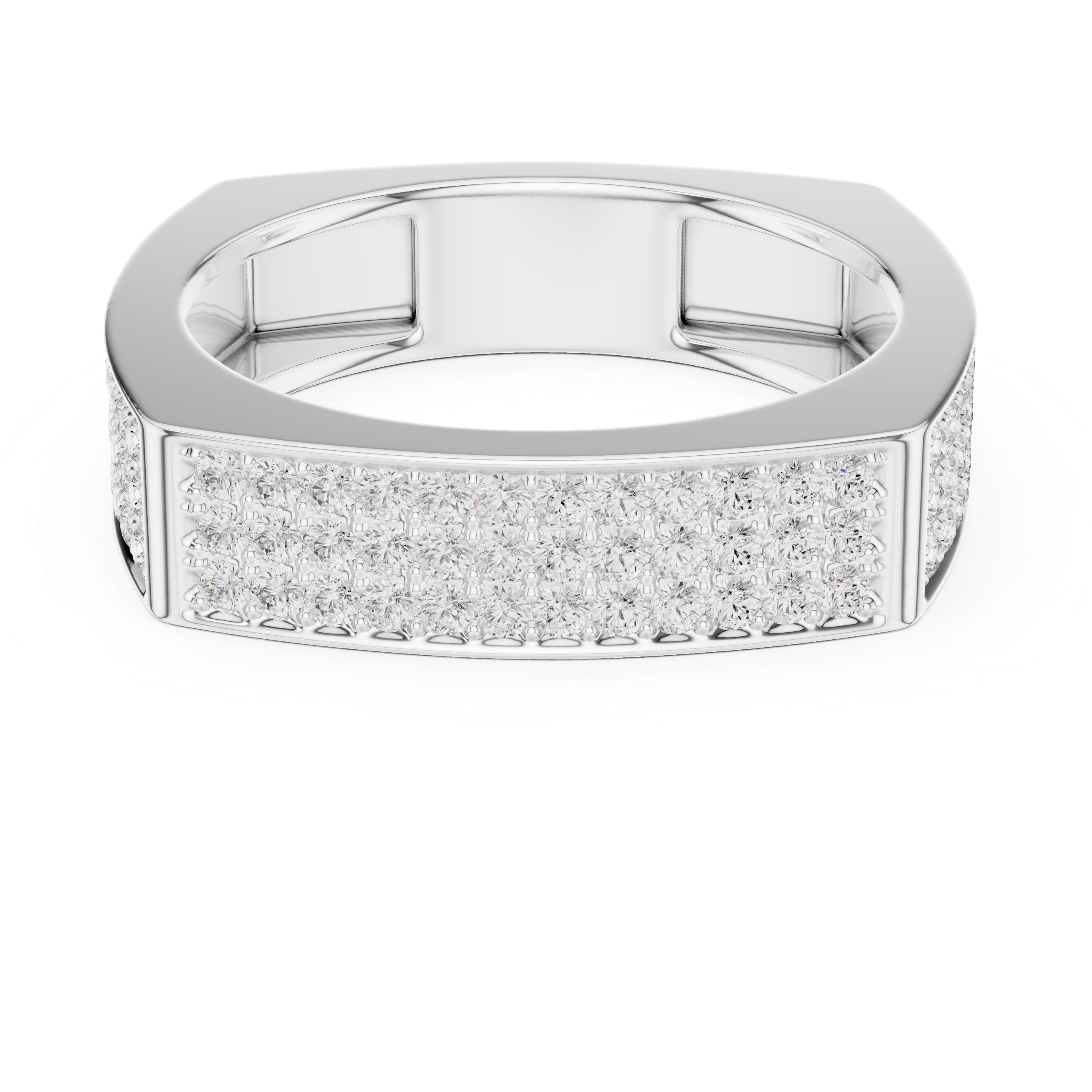 Men's silver rectangular band ring with full three-row pavé diamond front panel and rounded corner edges