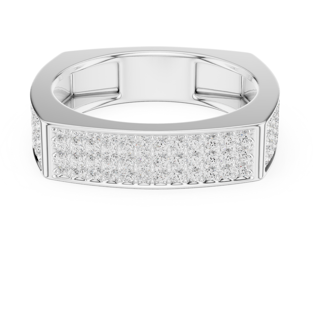 Men's silver rectangular band ring with full three-row pavé diamond front panel and rounded corner edges