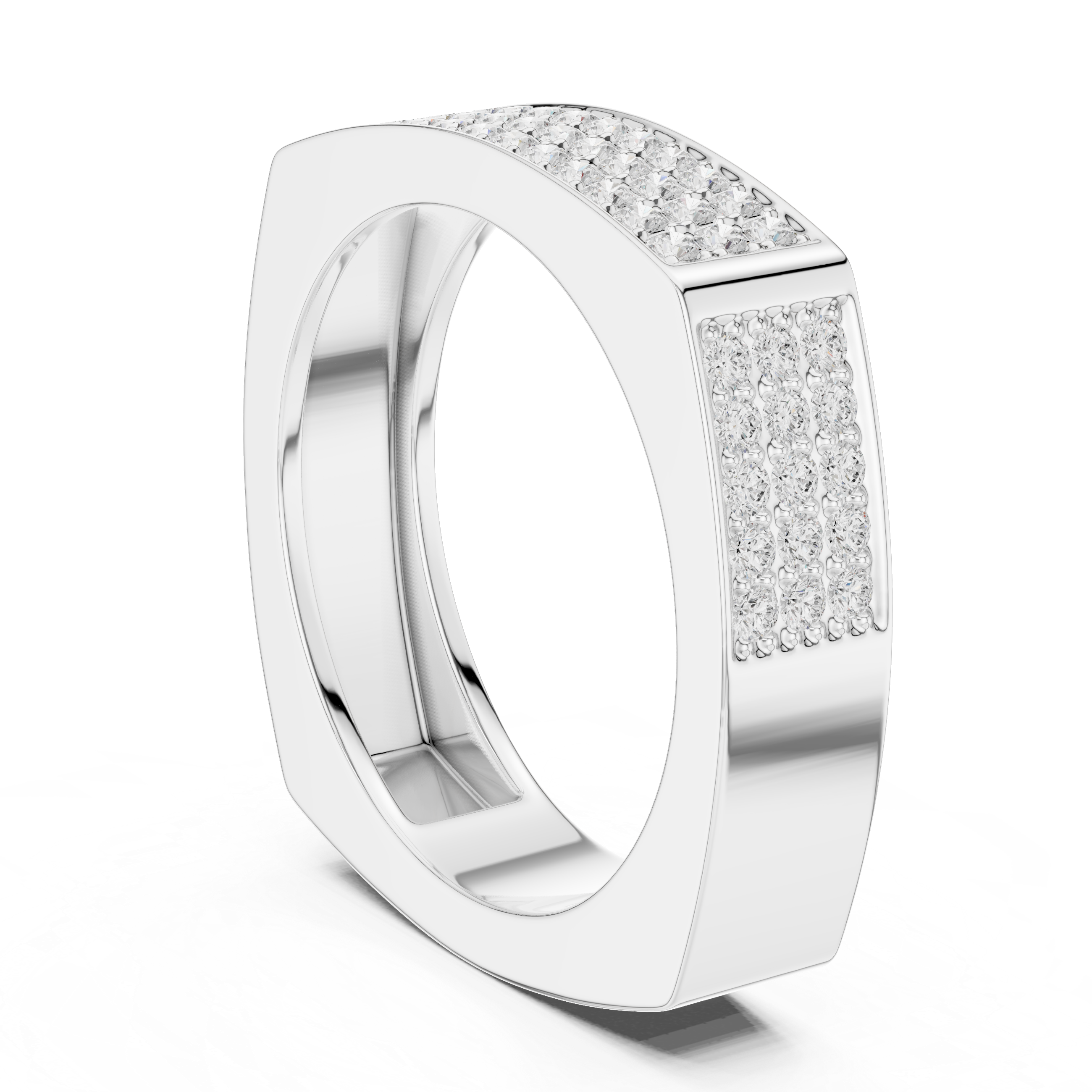Men's silver rectangular band ring with full three-row pavé diamond front panel and rounded corner edges