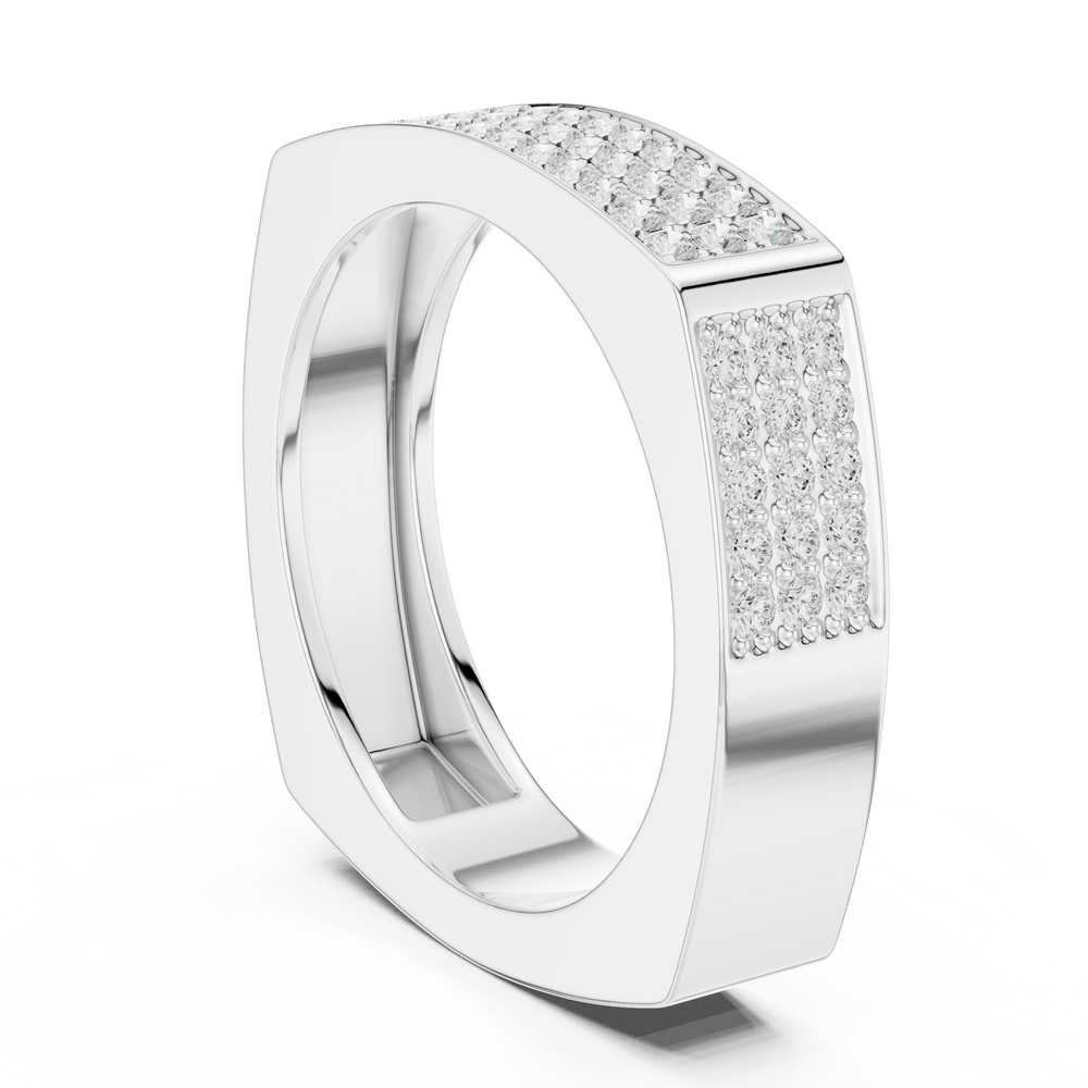 Men's silver rectangular band ring with full three-row pavé diamond front panel and rounded corner edges