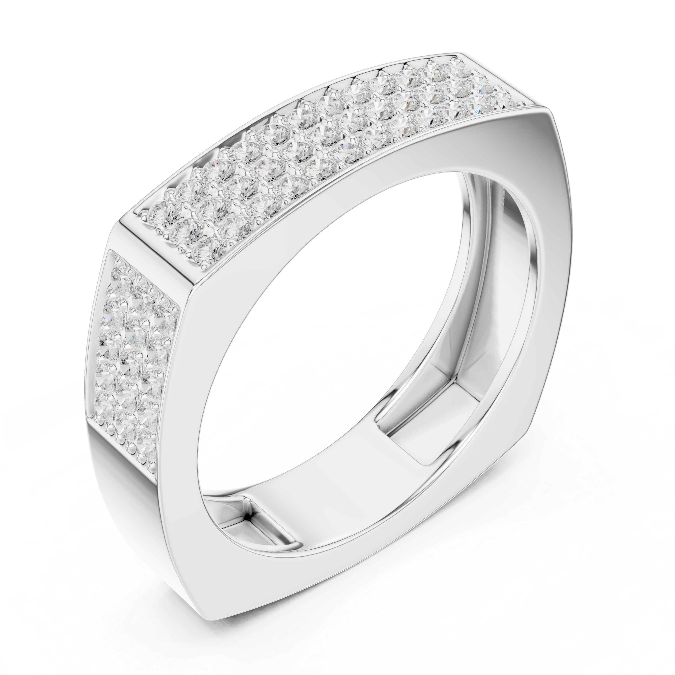 Men's silver rectangular band ring with full three-row pavé diamond front panel and rounded corner edges