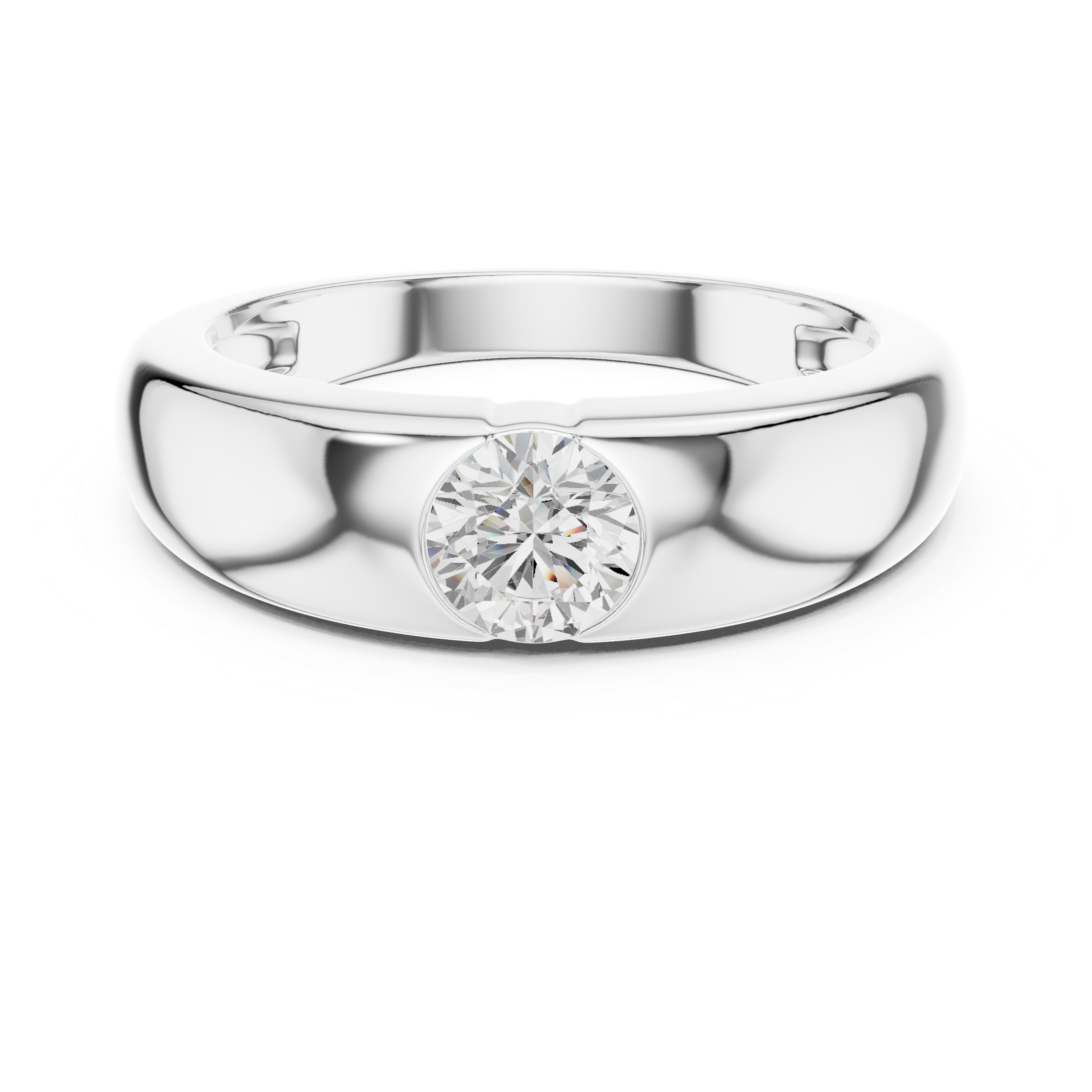 Men's wide polished silver dome ring with flush bezel-set round solitaire diamond center