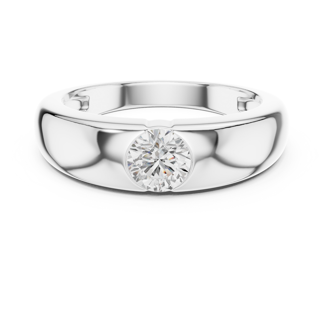 Men's wide polished silver dome ring with flush bezel-set round solitaire diamond center