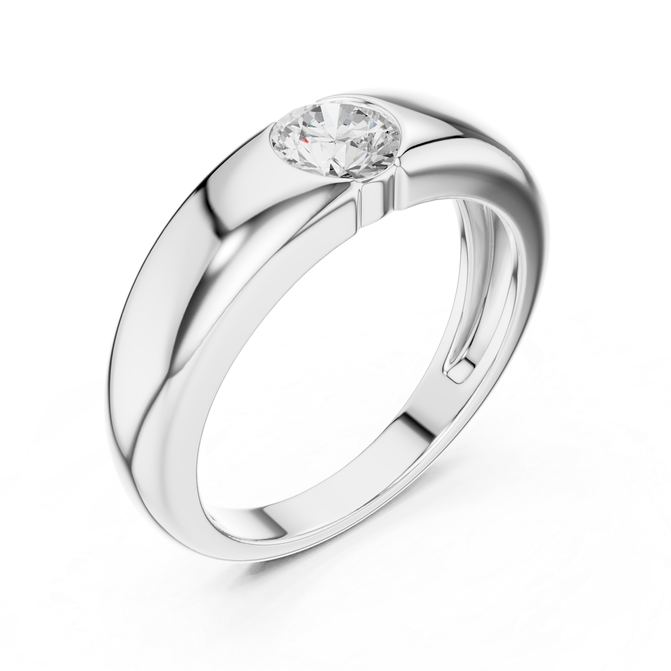 Men's wide polished silver dome ring with flush bezel-set round solitaire diamond center
