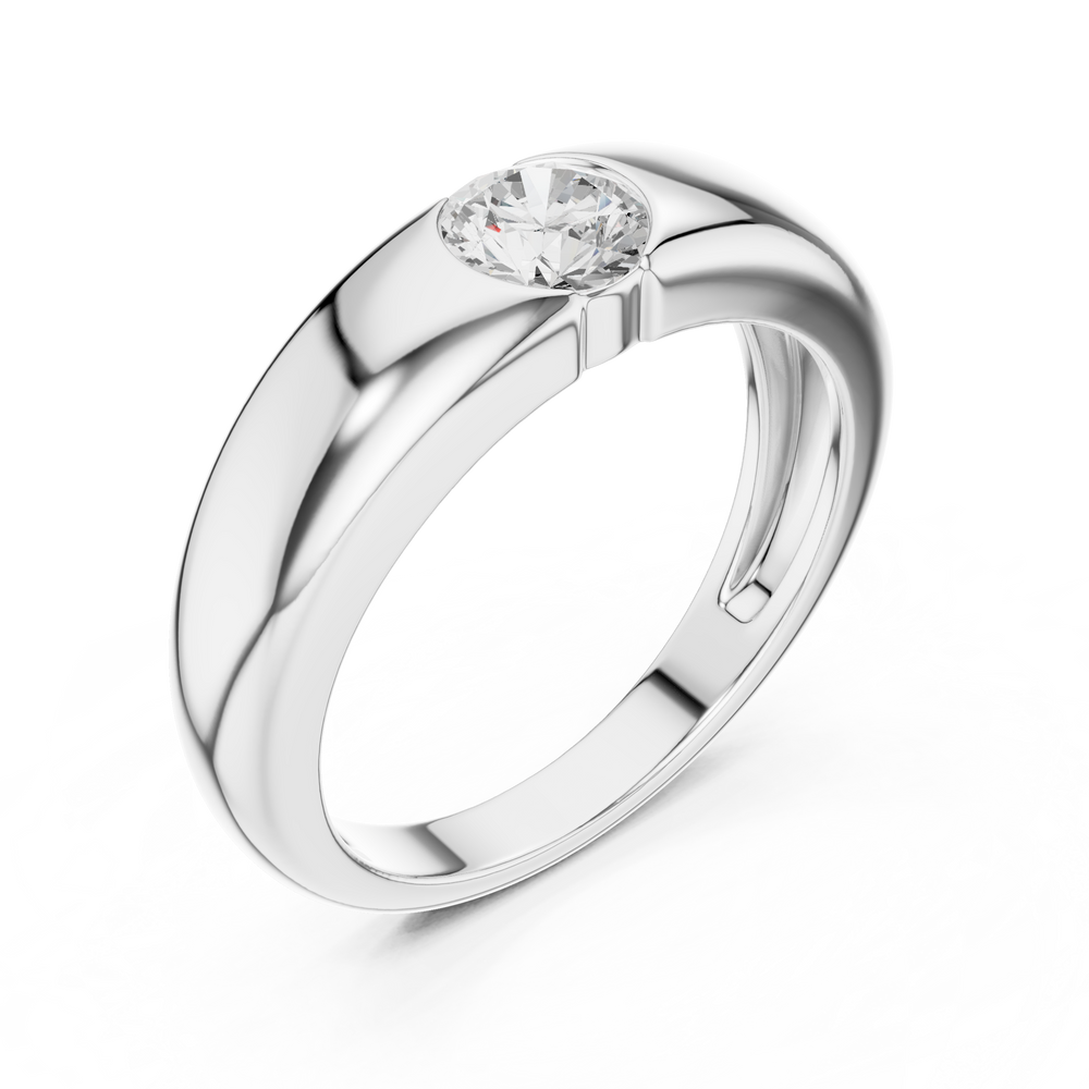 Men's wide polished silver dome ring with flush bezel-set round solitaire diamond center