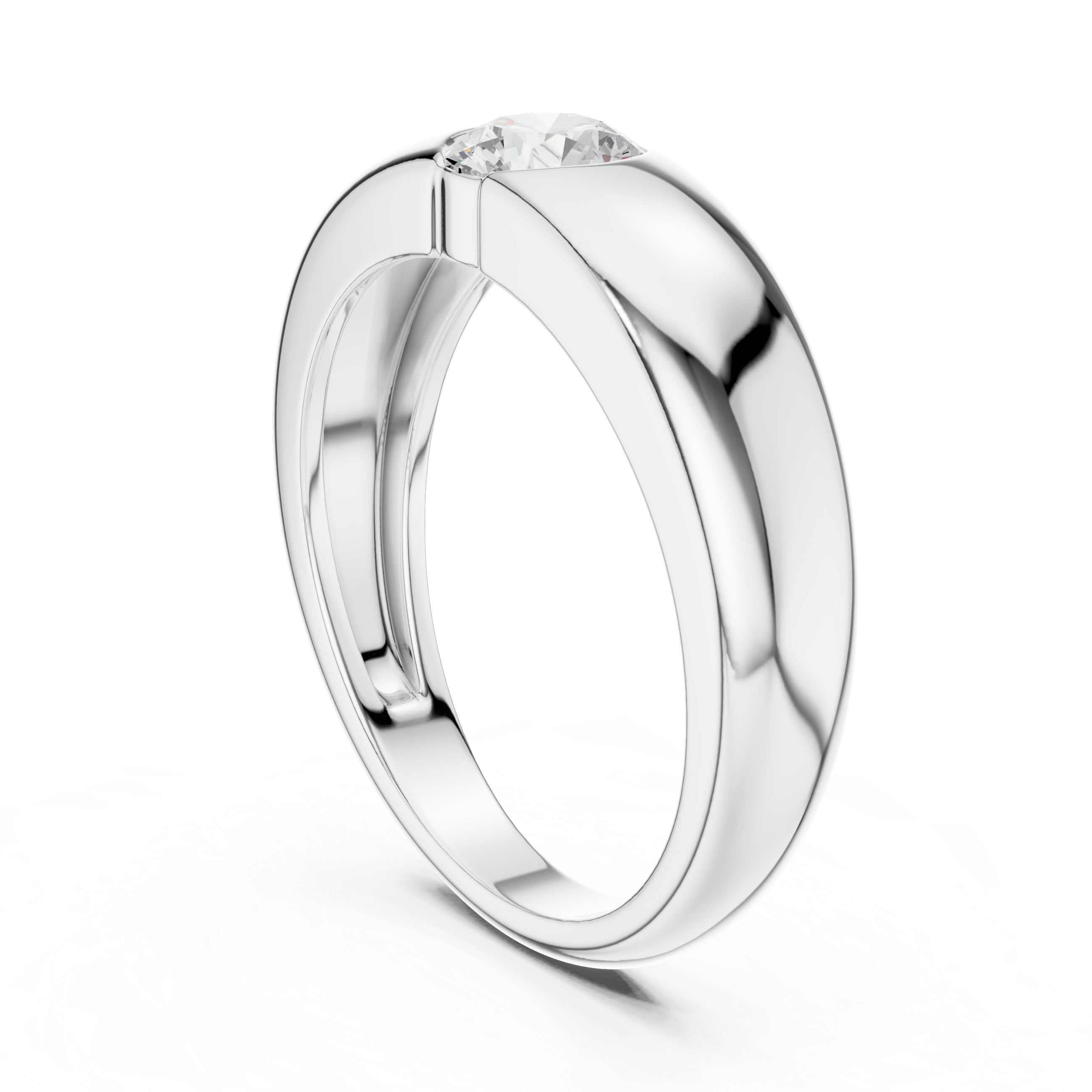 Men's wide polished silver dome ring with flush bezel-set round solitaire diamond center