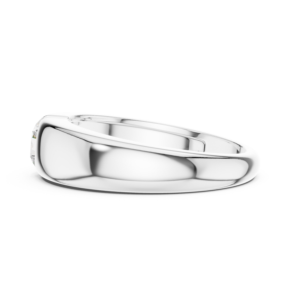 Men's wide polished silver dome ring with flush bezel-set round solitaire diamond center