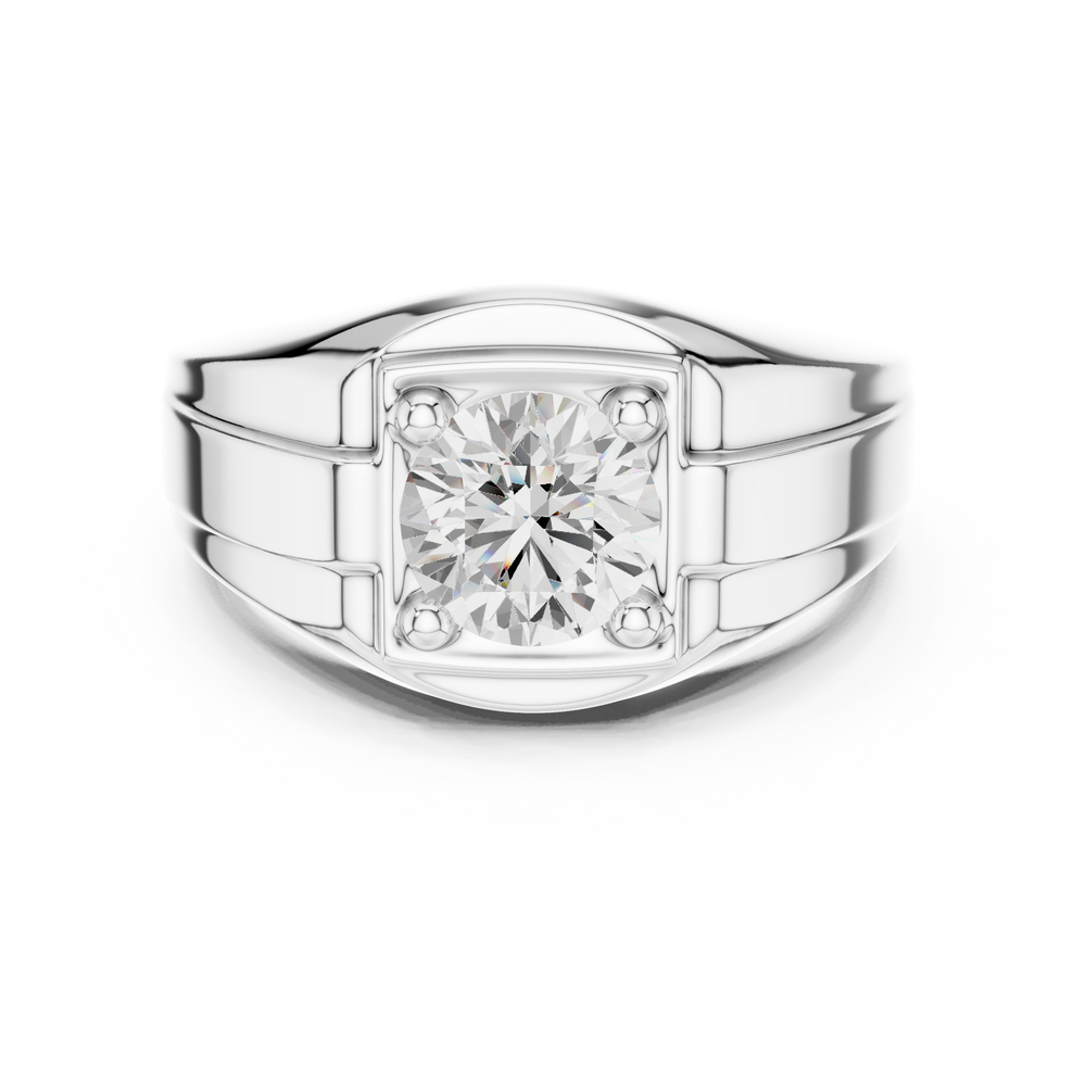 Men's silver signet ring with large round-cut solitaire diamond in four-prong setting and ribbed band detailing