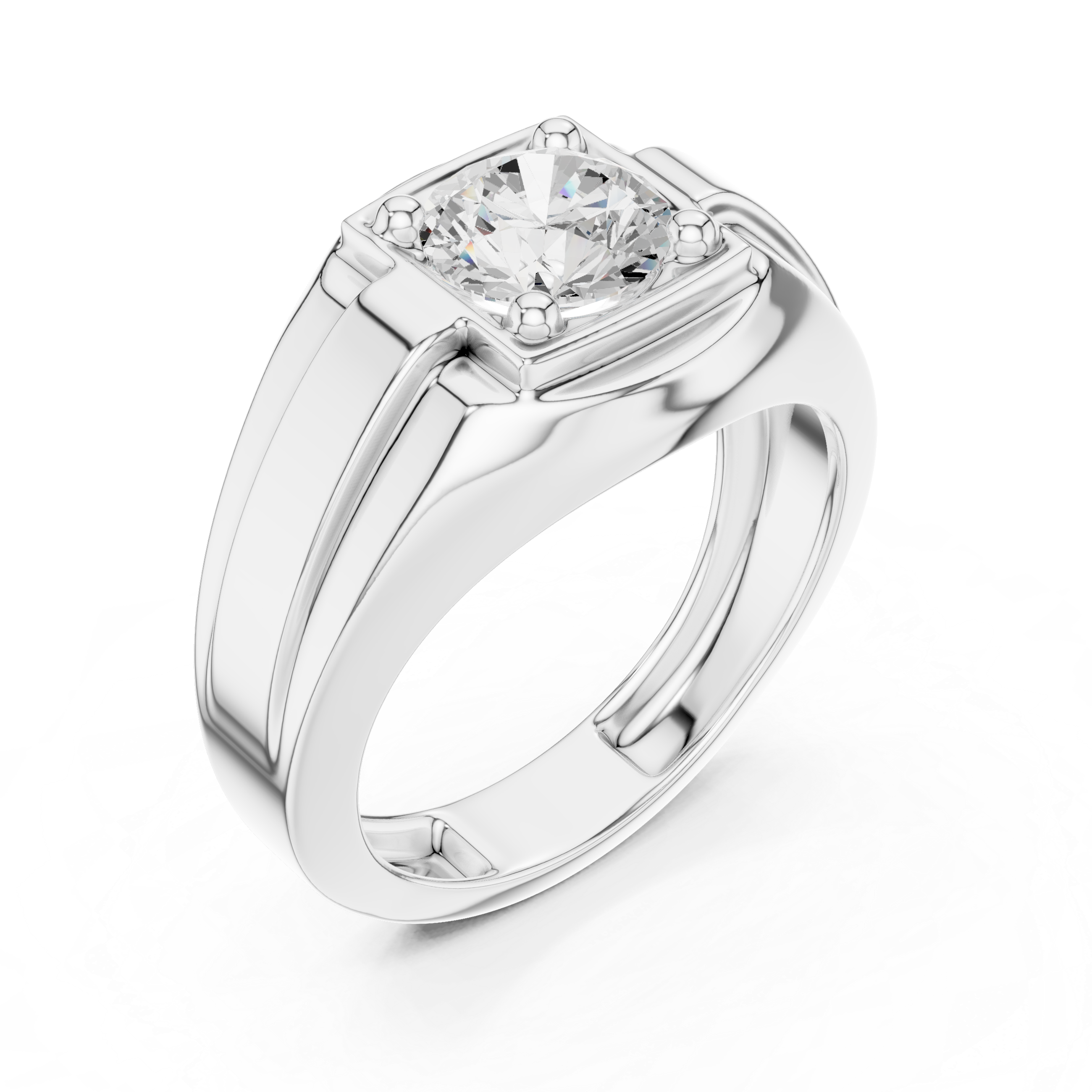 Men's silver signet ring with large round-cut solitaire diamond in four-prong setting and ribbed band detailing