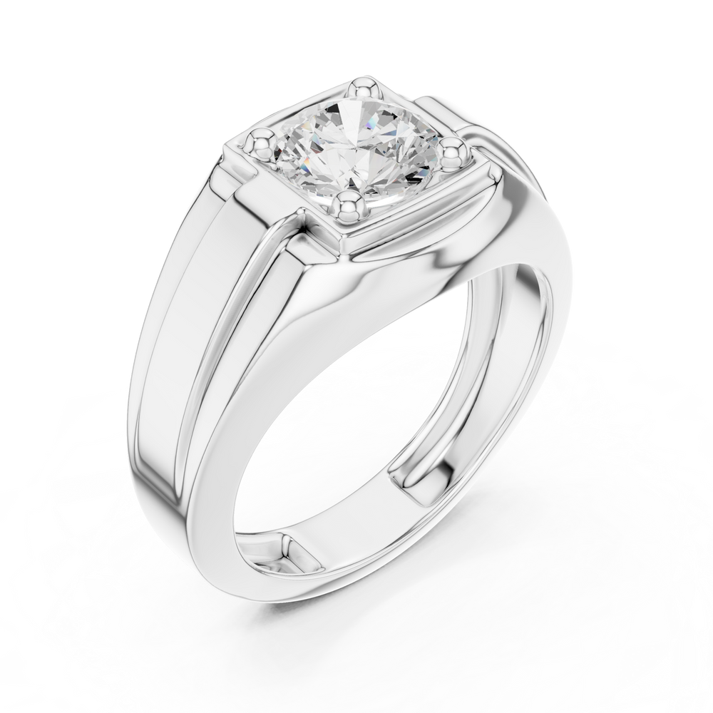 Men's silver signet ring with large round-cut solitaire diamond in four-prong setting and ribbed band detailing