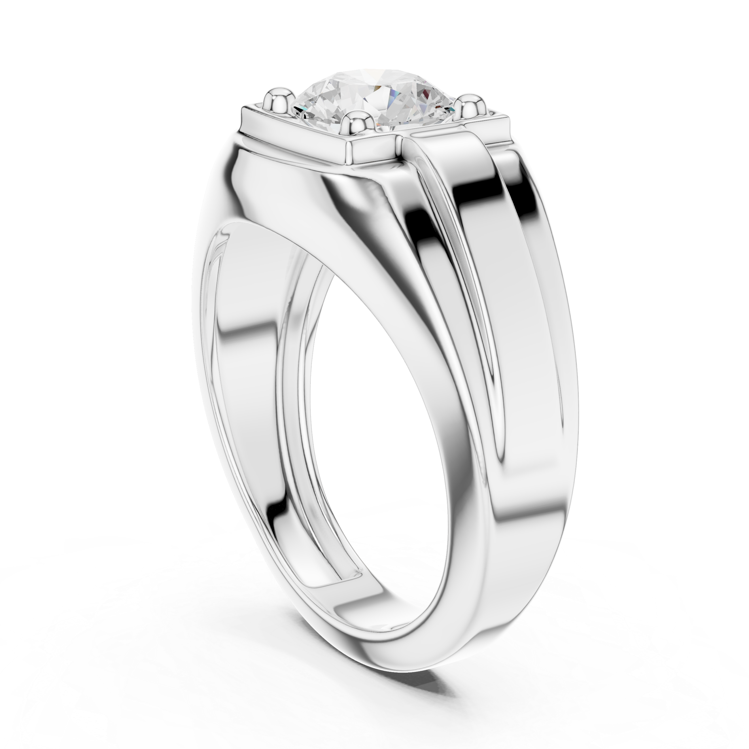 Men's silver signet ring with large round-cut solitaire diamond in four-prong setting and ribbed band detailing