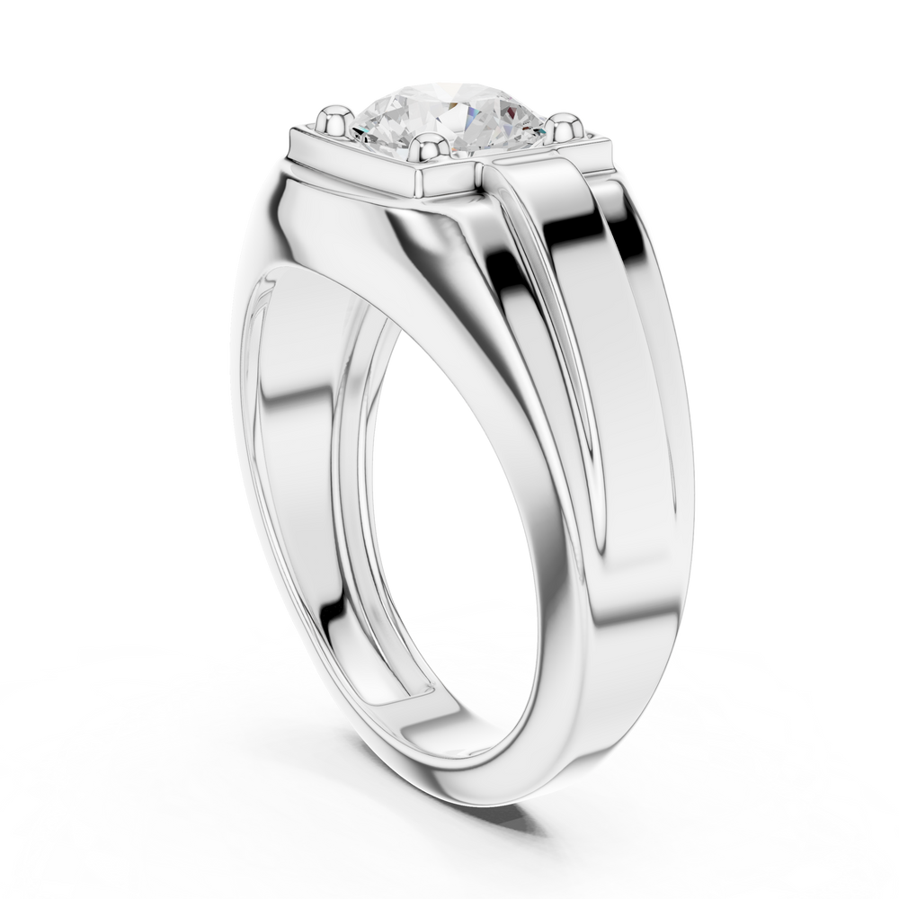 Men's silver signet ring with large round-cut solitaire diamond in four-prong setting and ribbed band detailing