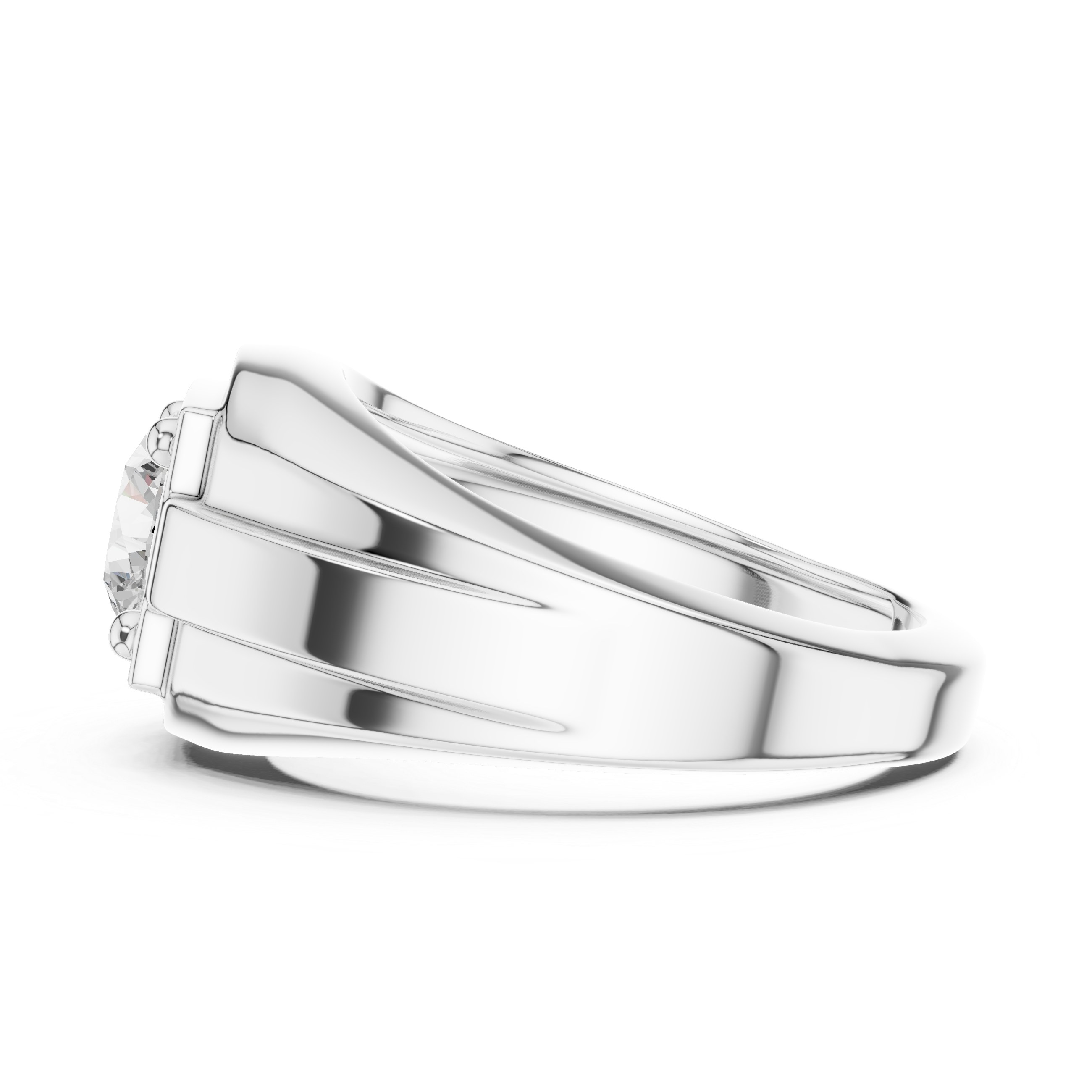Men's silver signet ring with large round-cut solitaire diamond in four-prong setting and ribbed band detailing
