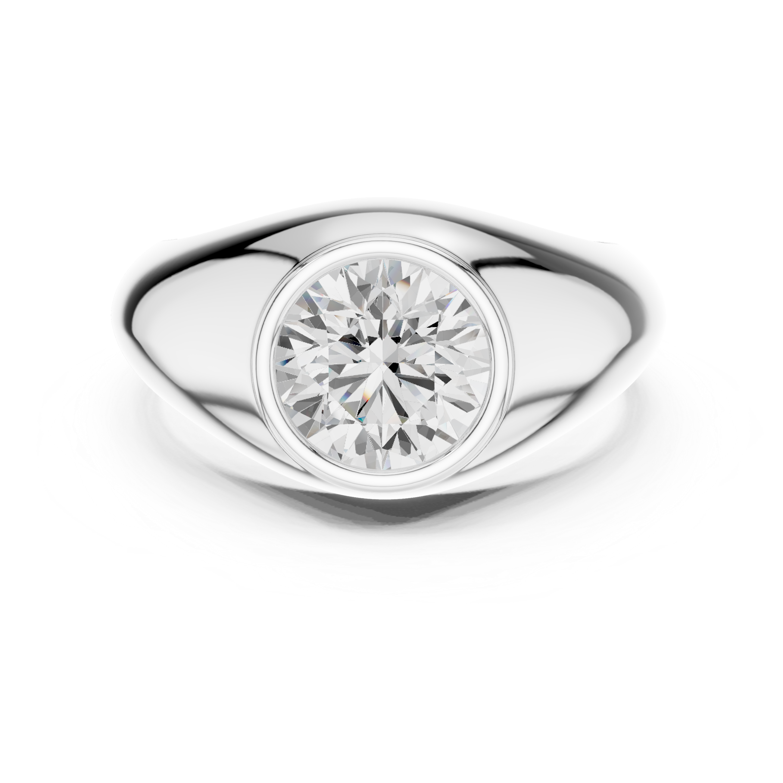 Men's polished silver dome ring with large bezel-set round solitaire diamond centerpiece