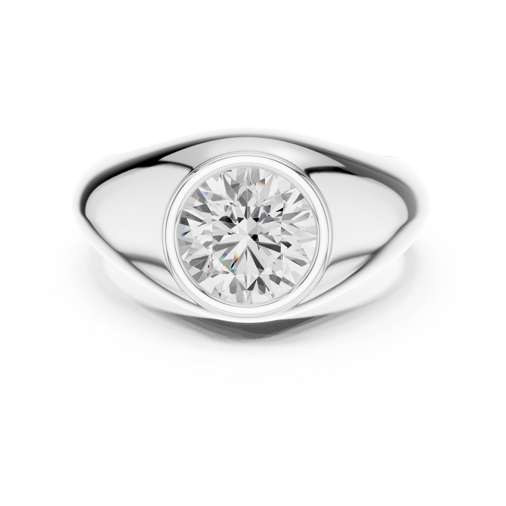 Men's polished silver dome ring with large bezel-set round solitaire diamond centerpiece