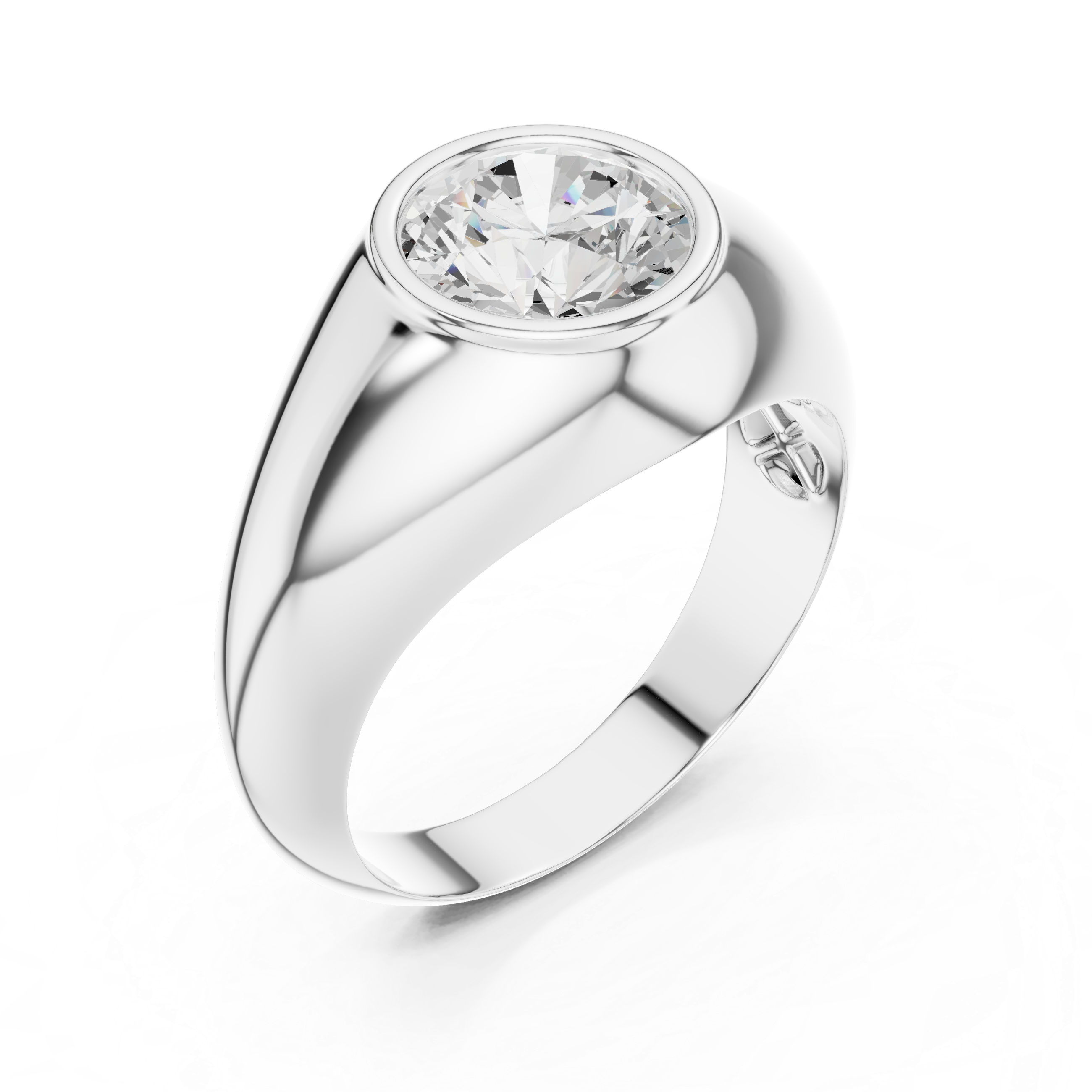 Men's polished silver dome ring with large bezel-set round solitaire diamond centerpiece