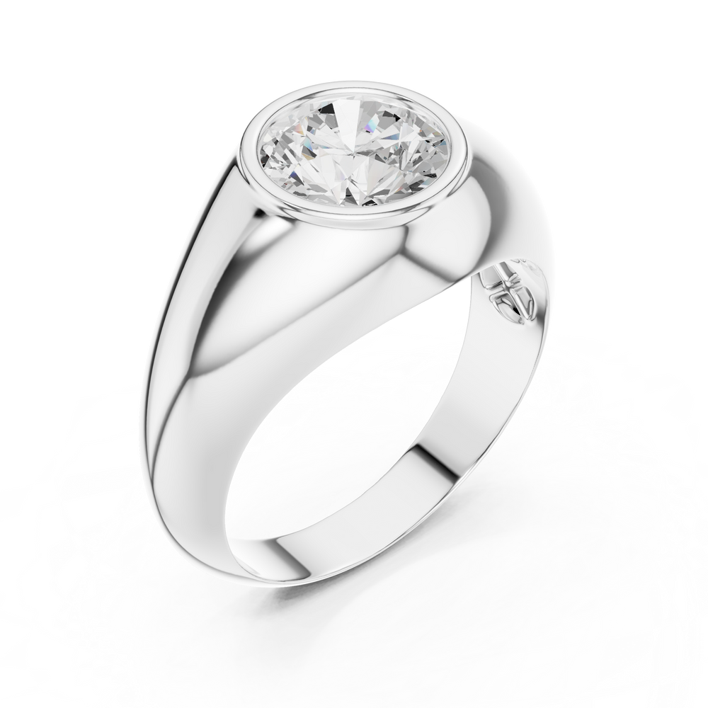 Men's polished silver dome ring with large bezel-set round solitaire diamond centerpiece