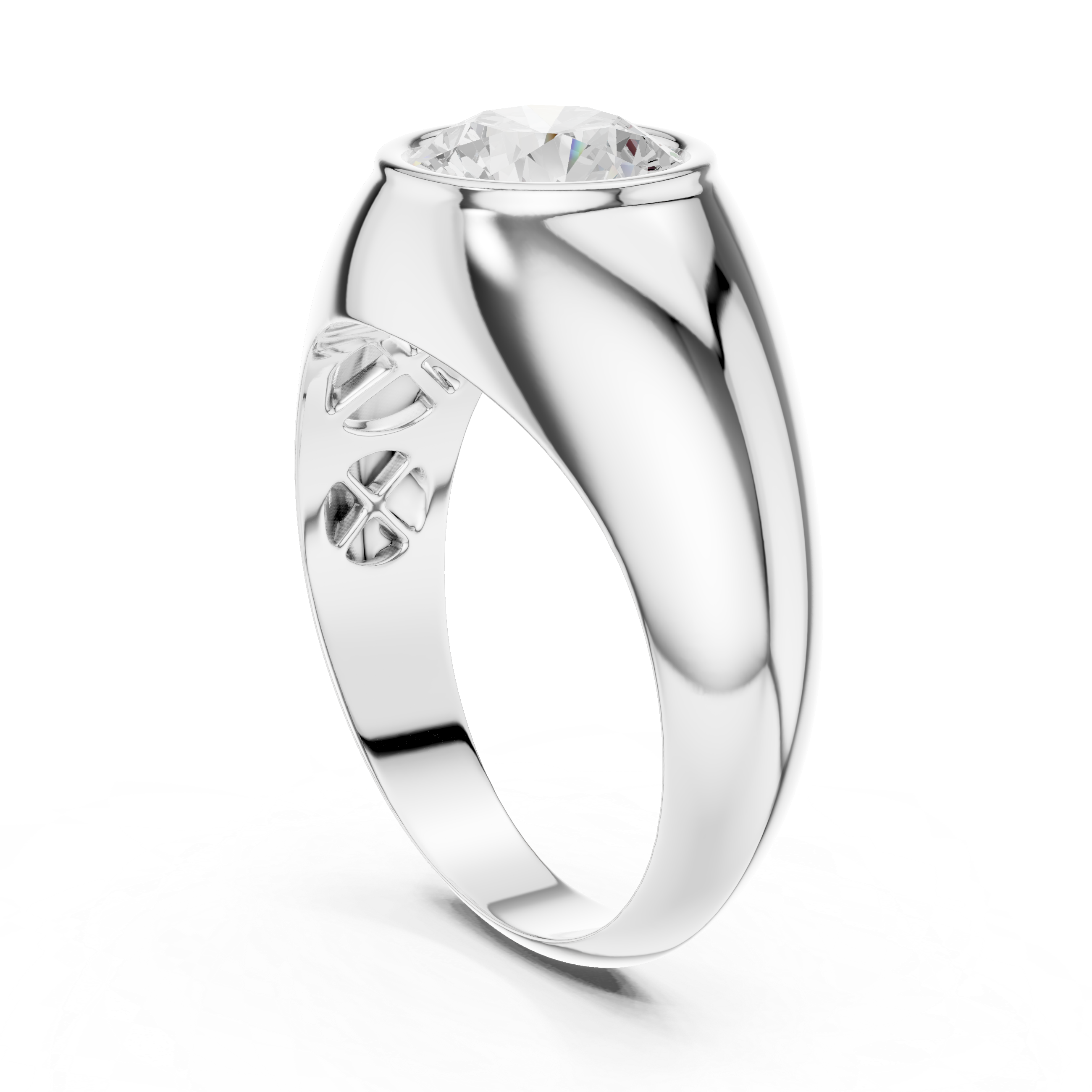 Men's polished silver dome ring with large bezel-set round solitaire diamond centerpiece